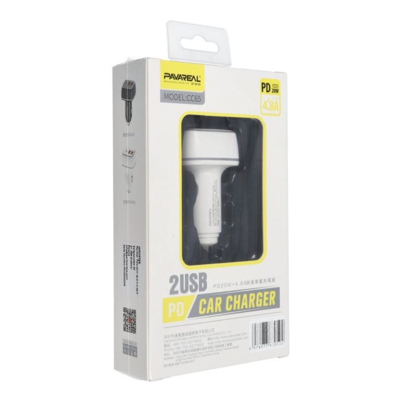 PAVAREAL PA-CC65 Car Charger 2 x USB A + Type C PD 4.8A 20W - White