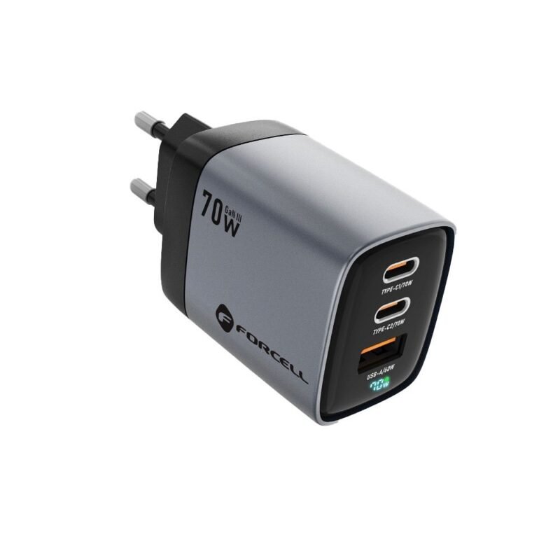 Travel Charger Forcell F-Energy GaN III VT-37 with display LCD 2 x Type C / USB A PD QC4.0 SAM SFC2.0 3,45A 70W - Gray - Image 2