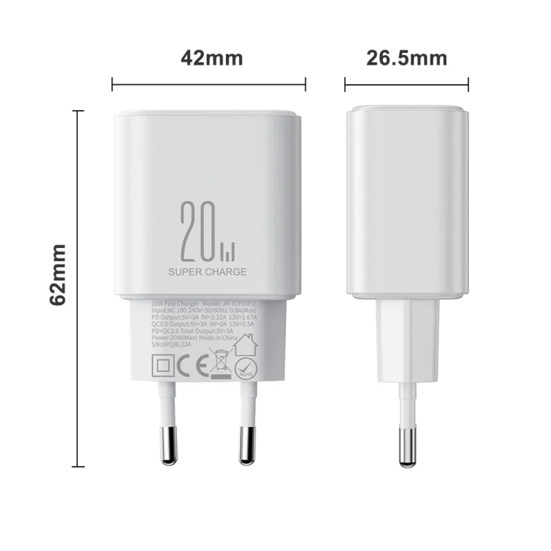 Charger Joyroom JR-TCF05 20W USB-A USB-C with USB-C Cable - 1M - White - Image 6