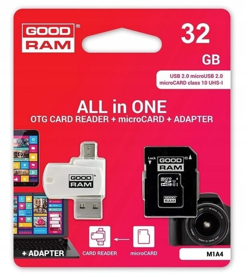 GOODRAM Card Reader USB A Micro USB ALL IN ONE M1A4 Memory Card MicroSD 32GB with Adapter SD