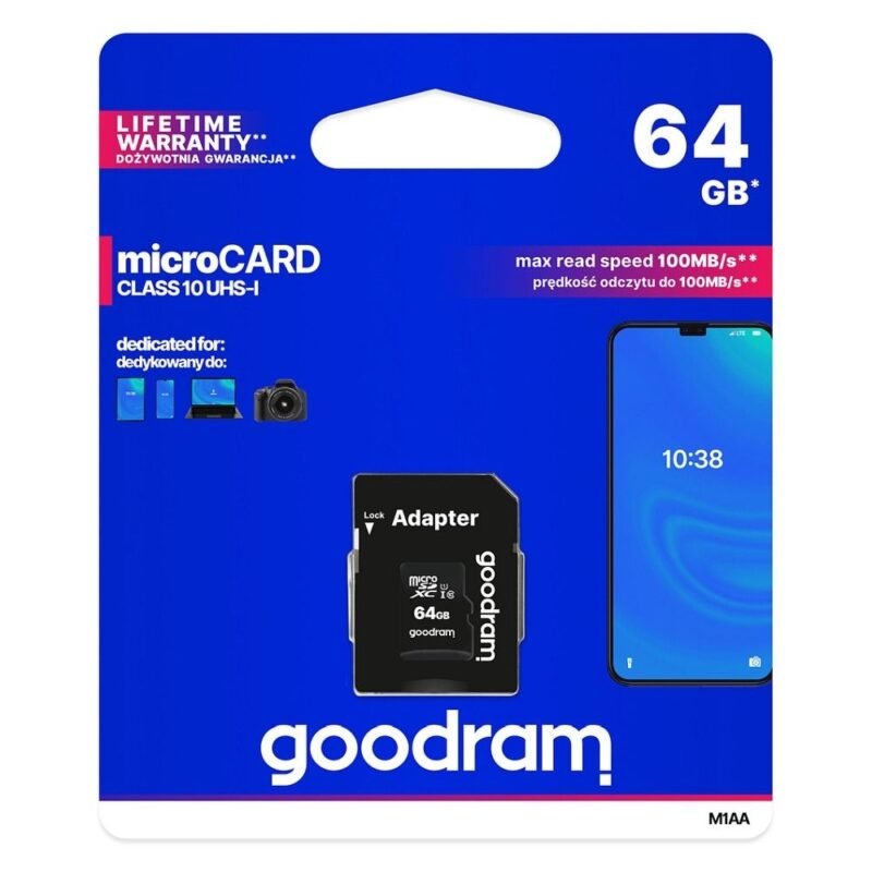 MicroSD Memory Card GOODRAM 64GB 100MBs Class 10 UHS I with Adapter SD